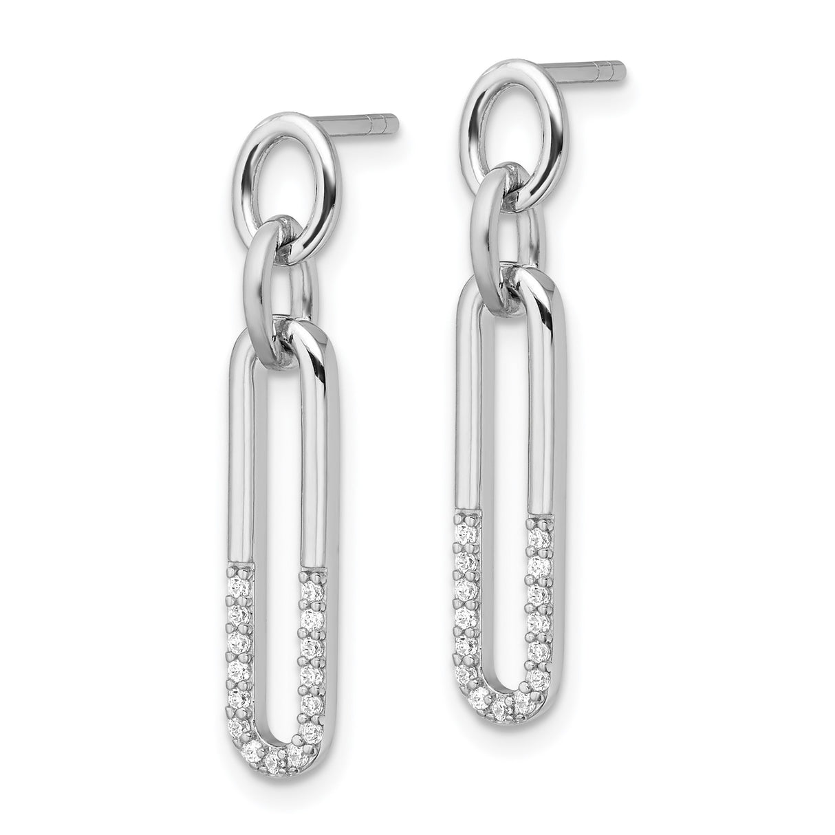 Sterling Silver Drop Earrings with Cubic Zirconia Paperclip Link Design, Modern Dangle Style