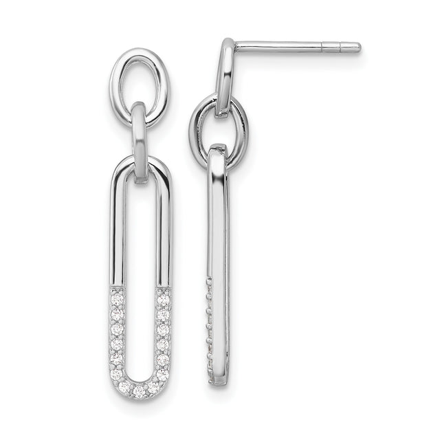 Sterling Silver Drop Earrings with Cubic Zirconia Paperclip Link Design, Modern Dangle Style