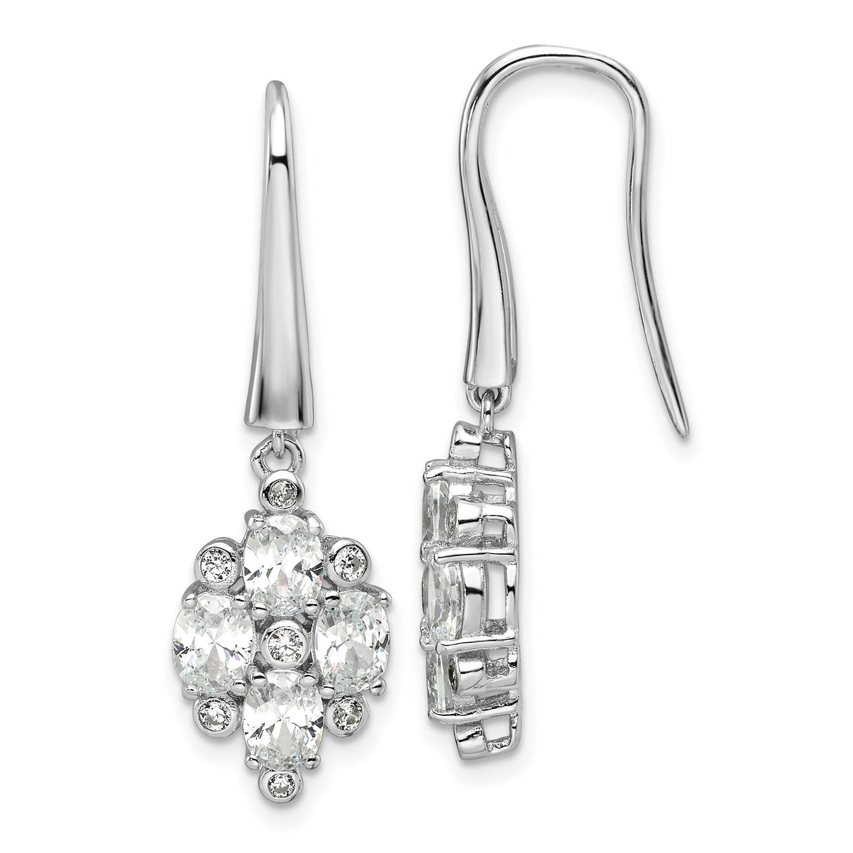 Sterling Silver Drop Earrings with Oval and Round Cubic Zirconia Floral Cluster Design