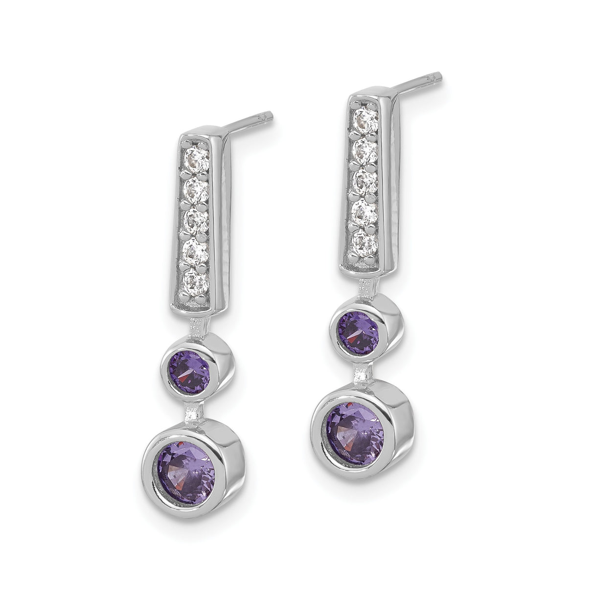Sterling Silver Dangle Earrings with Amethyst and Cubic Zirconia, Modern Vertical Drop Design