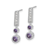 Sterling Silver Dangle Earrings with Amethyst and Cubic Zirconia, Modern Vertical Drop Design