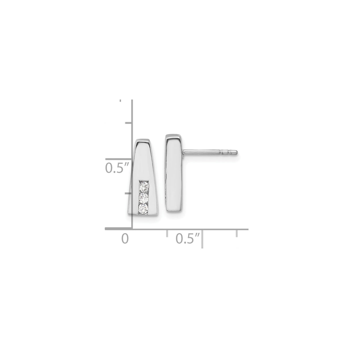 Sterling Silver Bar Earrings with Three Round Cubic Zirconia, Tapered Vertical Design
