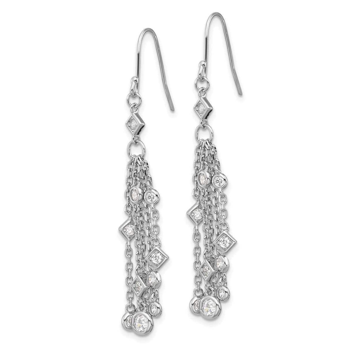 Sterling Silver Drop Earrings with Cubic Zirconia and Multi-Strand Chain Dangle Design