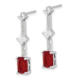 Sterling Silver Dangle Earrings with Red Emerald-Cut Cubic Zirconia, Vertical Drop Design
