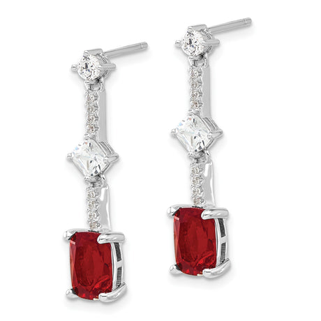 Sterling Silver Dangle Earrings with Red Emerald-Cut Cubic Zirconia, Vertical Drop Design
