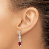 Sterling Silver Dangle Earrings with Red Emerald-Cut Cubic Zirconia, Vertical Drop Design