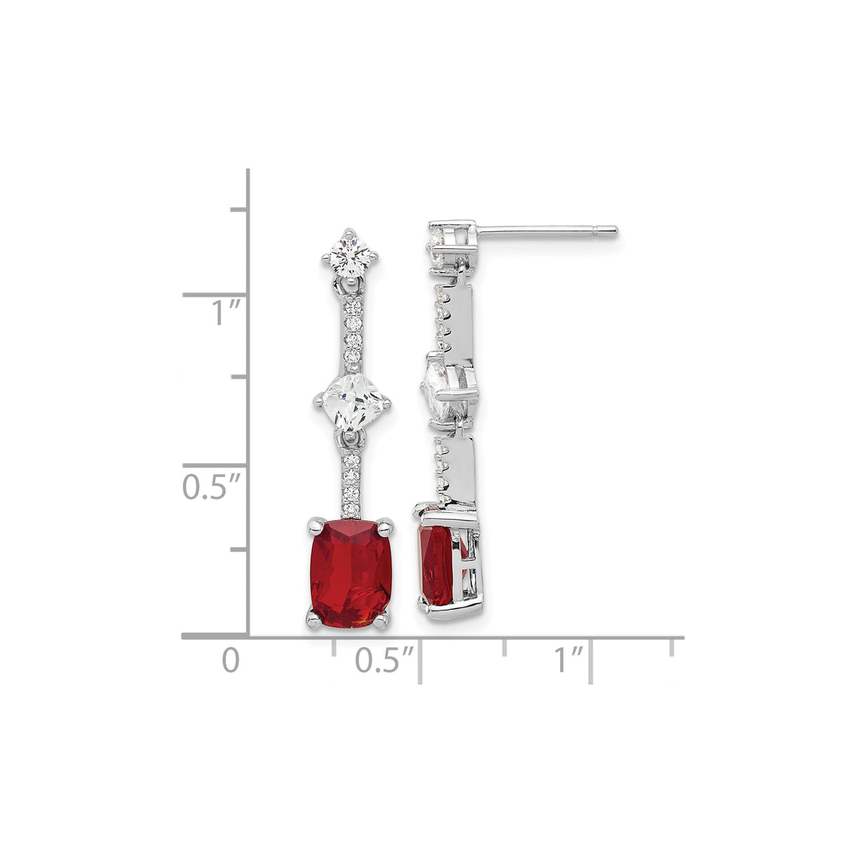 Sterling Silver Dangle Earrings with Red Emerald-Cut Cubic Zirconia, Vertical Drop Design