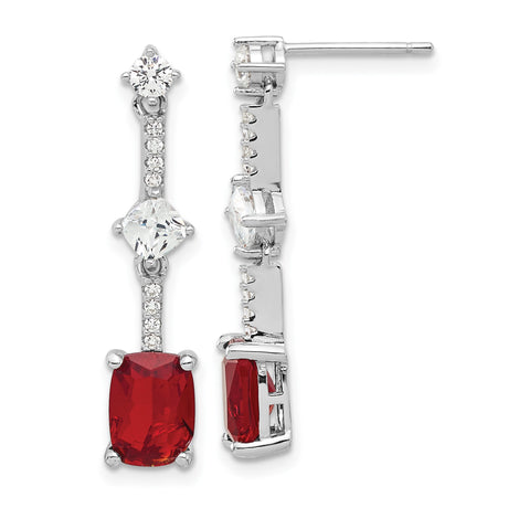 Sterling Silver Dangle Earrings with Red Emerald-Cut Cubic Zirconia, Vertical Drop Design