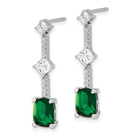 Sterling Silver Dangle Earrings with Green Cushion Cut Cubic Zirconia, Vertical Drop Design