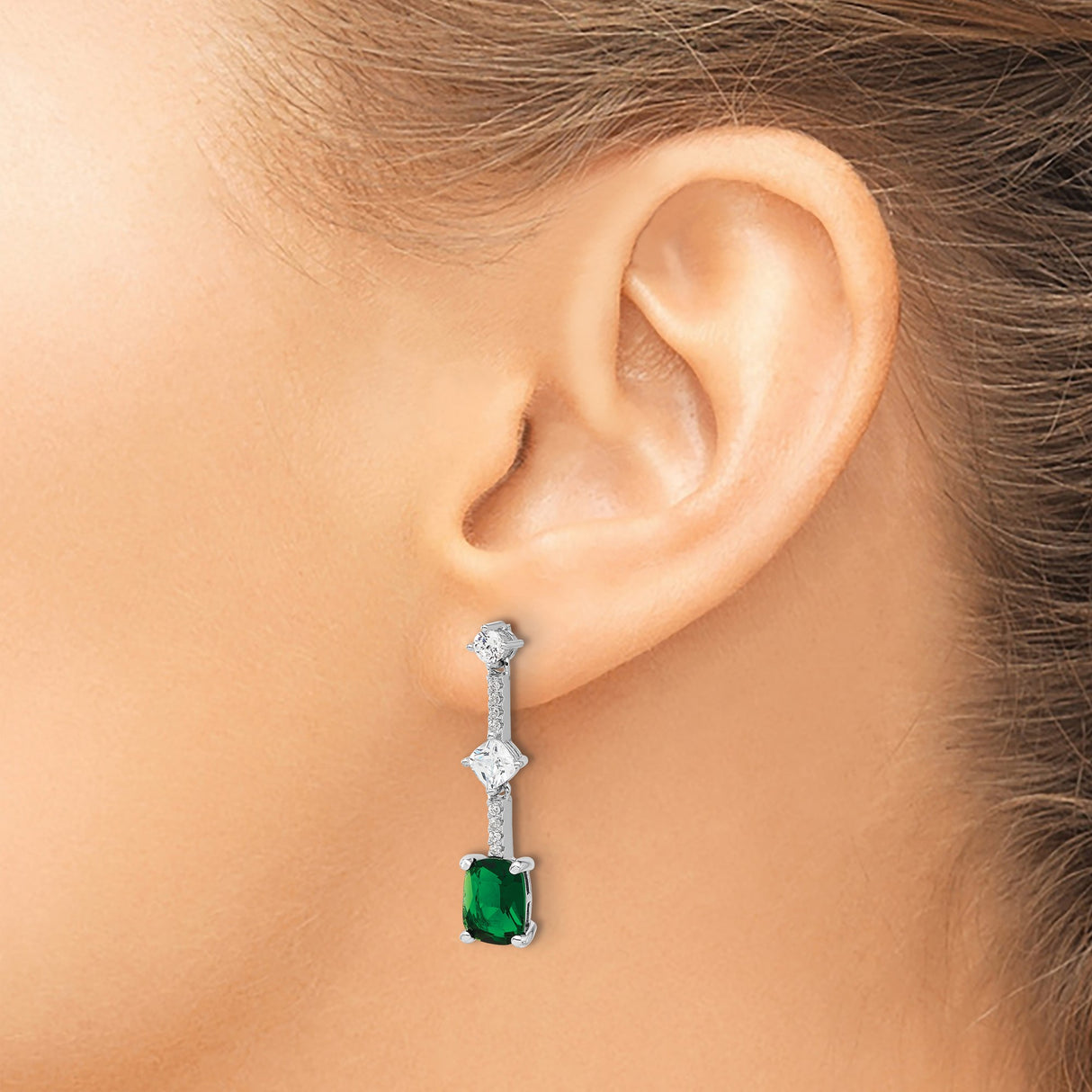 Sterling Silver Dangle Earrings with Green Cushion Cut Cubic Zirconia, Vertical Drop Design