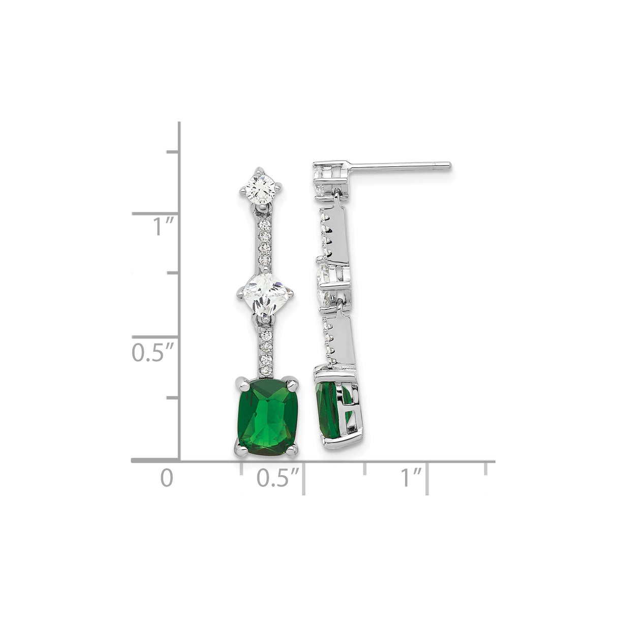Sterling Silver Dangle Earrings with Green Cushion Cut Cubic Zirconia, Vertical Drop Design