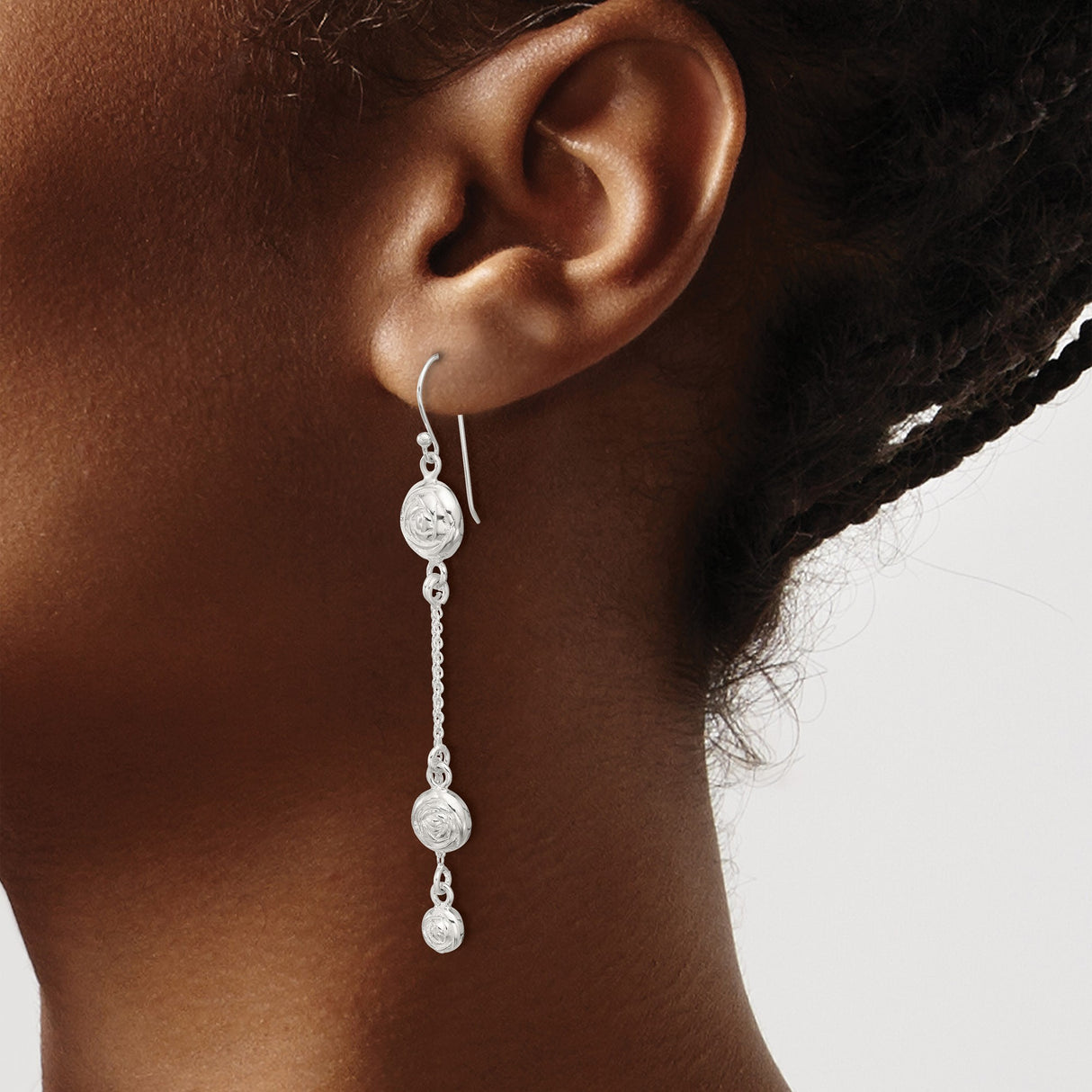 Sterling Silver Dangle Earrings with Delicate Chain Drops and Swirl Floral Discs