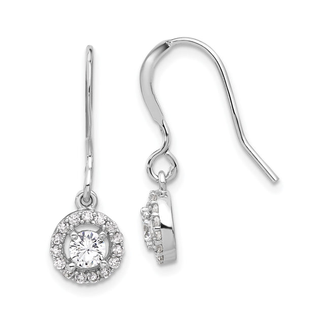 Sterling Silver Drop Earrings with Cubic Zirconia, Halo Design, Classic Bridal Style