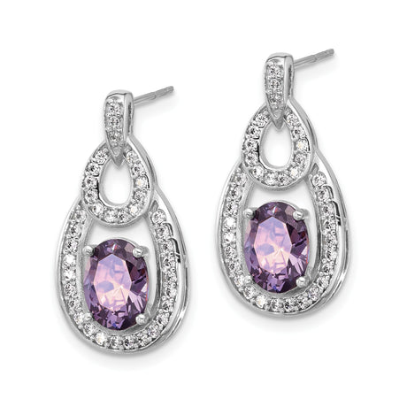 Sterling Silver Dangle Earrings with Oval Amethyst and Cubic Zirconia Teardrop Design
