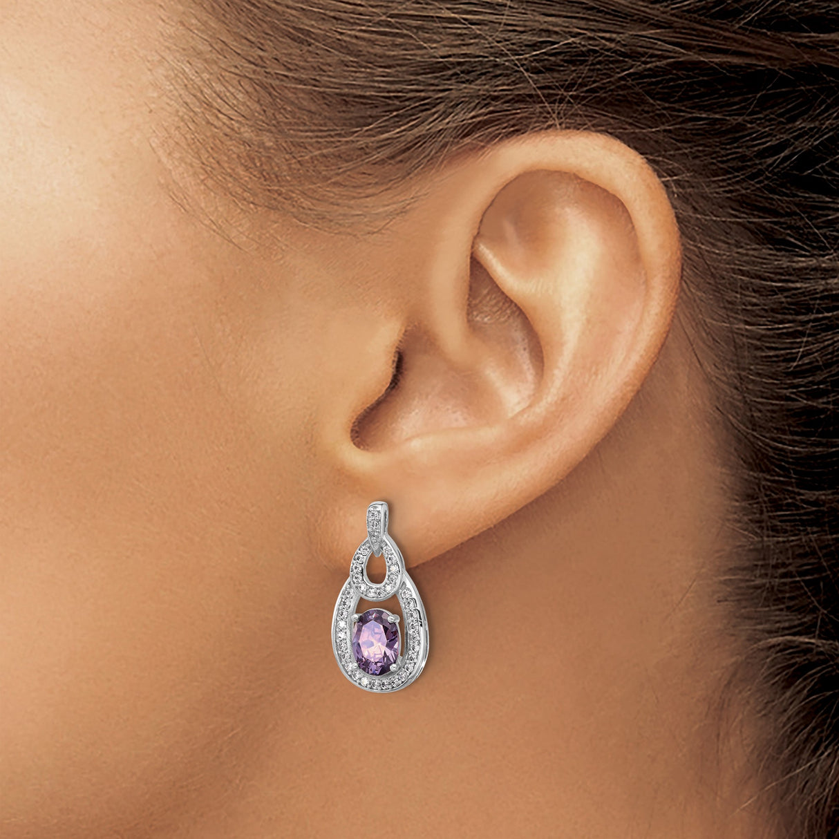 Sterling Silver Dangle Earrings with Oval Amethyst and Cubic Zirconia Teardrop Design