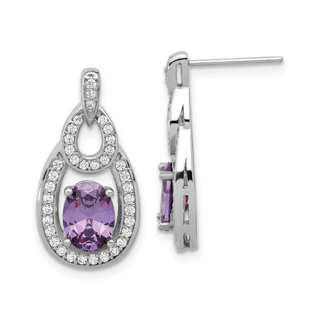 Sterling Silver Dangle Earrings with Oval Amethyst and Cubic Zirconia Teardrop Design