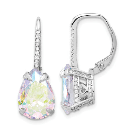 Sterling Silver Drop Earrings with Pear Shaped Multicolor Cubic Zirconia, Leverback Design