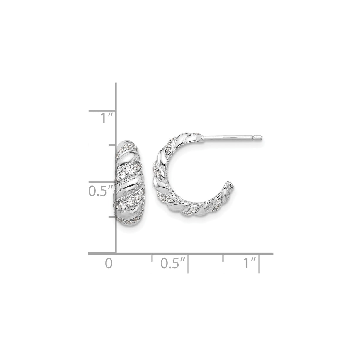 Sterling Silver Hoop Earrings with Cubic Zirconia, Twisted Rope Design, Post Backs