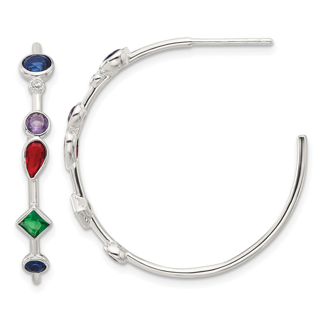 Sterling Silver Hoop Earrings with Cubic Zirconia, Multicolor Shapes, Modern Dangle Style