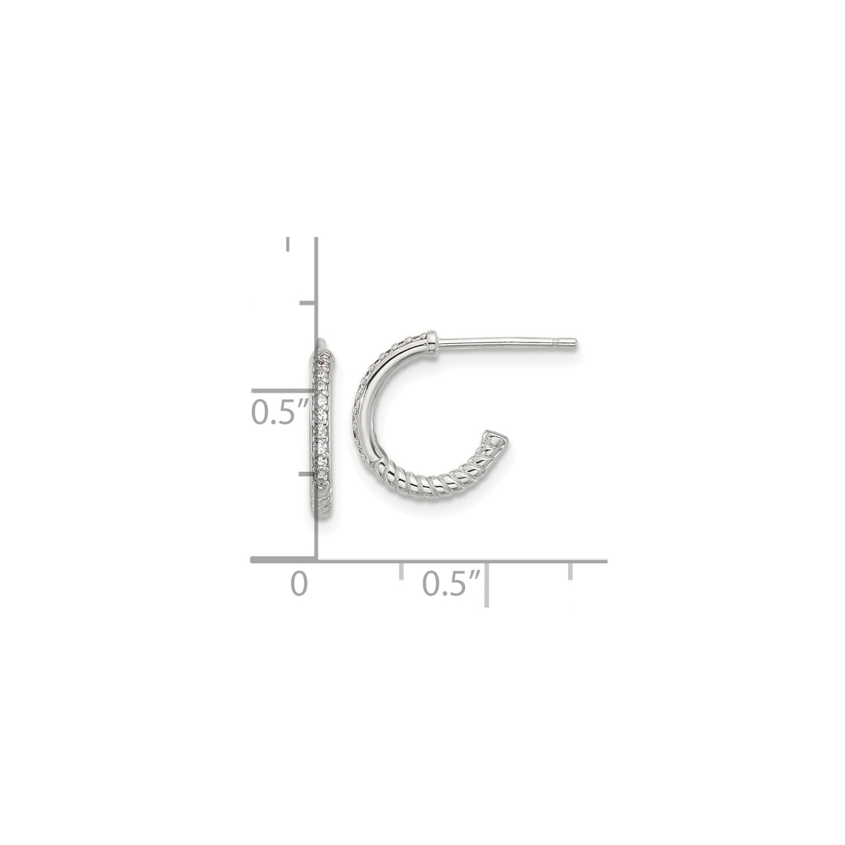 Sterling Silver Hoop Earrings with Cubic Zirconia, Twisted Rope Design, Half-Round Style
