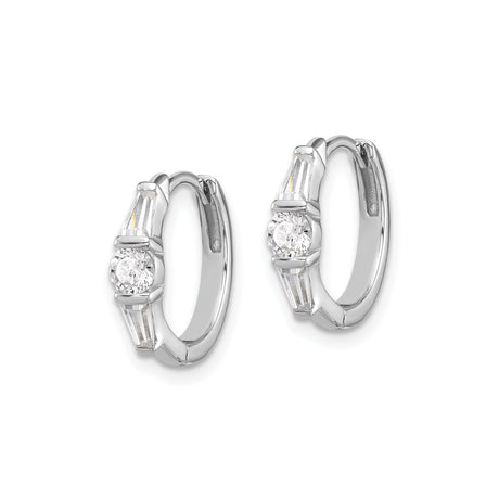 Sterling Silver Hoop Earrings with Round and Tapered Baguette Cubic Zirconia, Modern Design