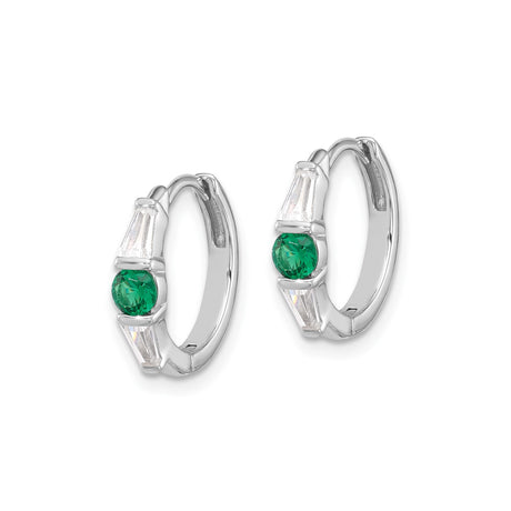 Sterling Silver Hoop Earrings with Round Green Cubic Zirconia and Baguette Accents