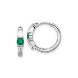 Sterling Silver Hoop Earrings with Round Green Cubic Zirconia and Baguette Accents
