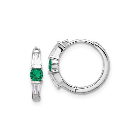 Sterling Silver Hoop Earrings with Round Green Cubic Zirconia and Baguette Accents