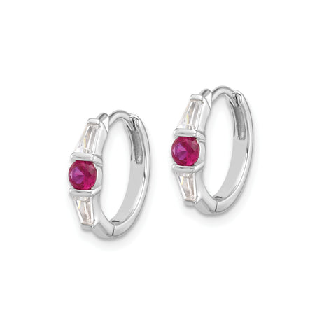 Sterling Silver Hoop Earrings with Red Cubic Zirconia and Tapered Baguette Accents