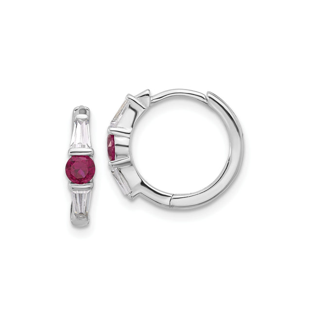 Sterling Silver Hoop Earrings with Red Cubic Zirconia and Tapered Baguette Accents