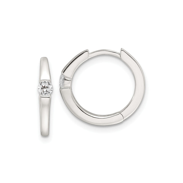 Sterling Silver Hoop Earrings with Cubic Zirconia Accents, Polished Finish, Lightweight Hinged Design