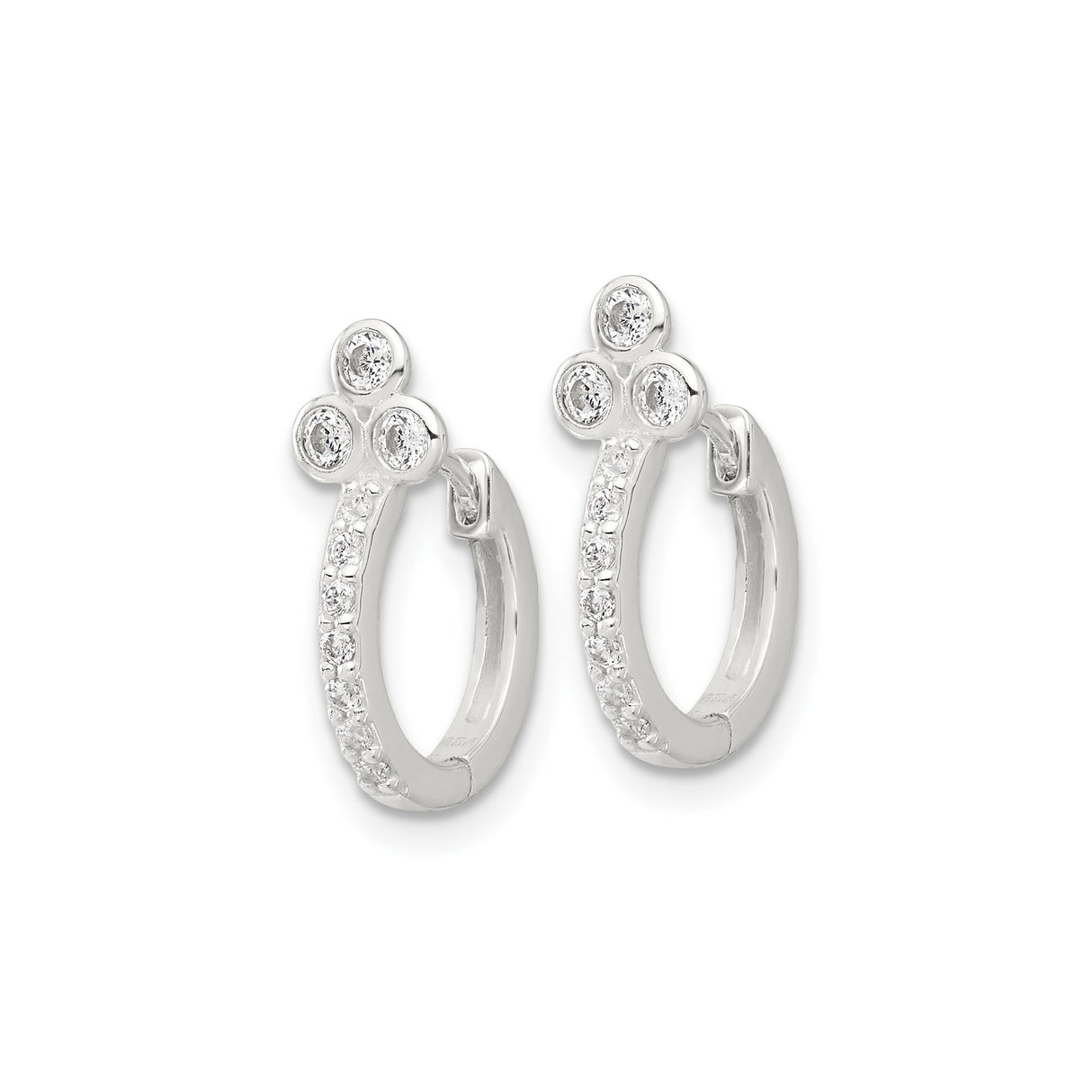 Sterling Silver Hoop Earrings with Cubic Zirconia, Triple Cluster Trinity Cross Design