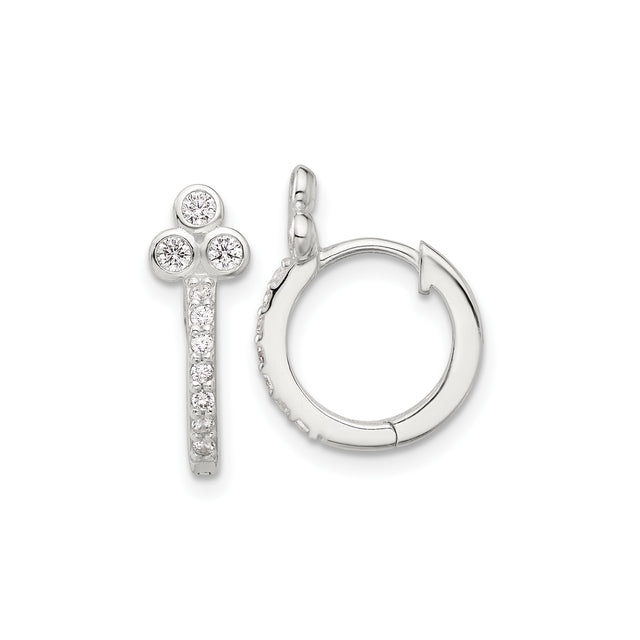 Sterling Silver Hoop Earrings with Cubic Zirconia, Triple Cluster Trinity Cross Design