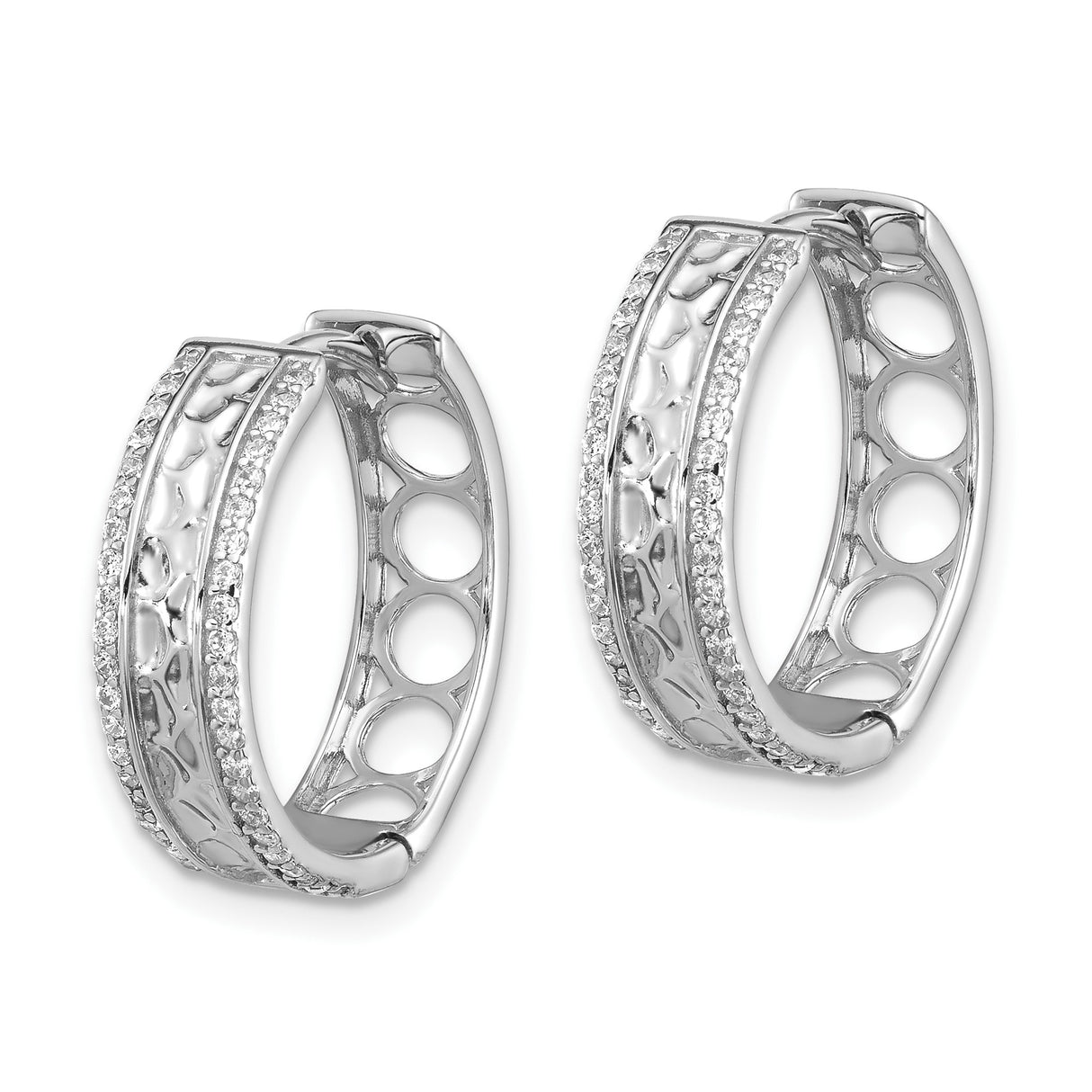 Sterling Silver Hoop Earrings with Hammered Texture and Cubic Zirconia Accents
