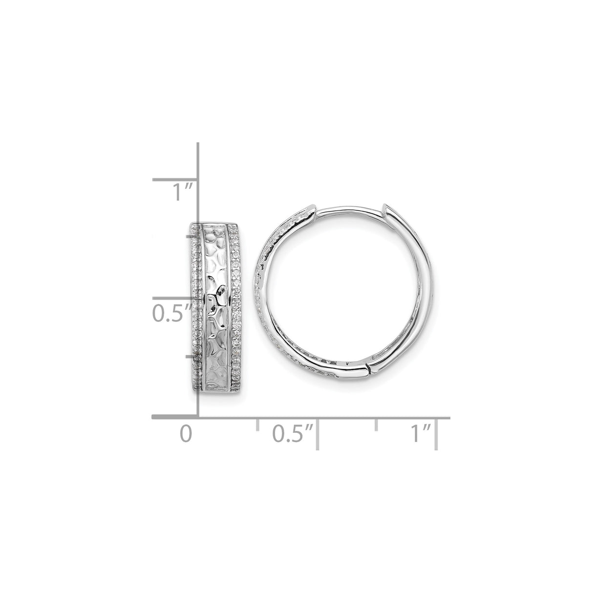 Sterling Silver Hoop Earrings with Hammered Texture and Cubic Zirconia Accents