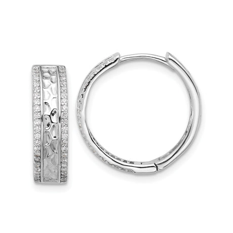 Sterling Silver Hoop Earrings with Hammered Texture and Cubic Zirconia Accents