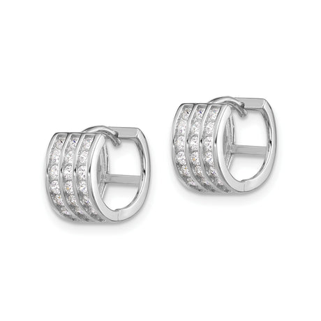 Sterling Silver Huggie Hoop Earrings with Triple Row Cubic Zirconia, Polished Modern Design