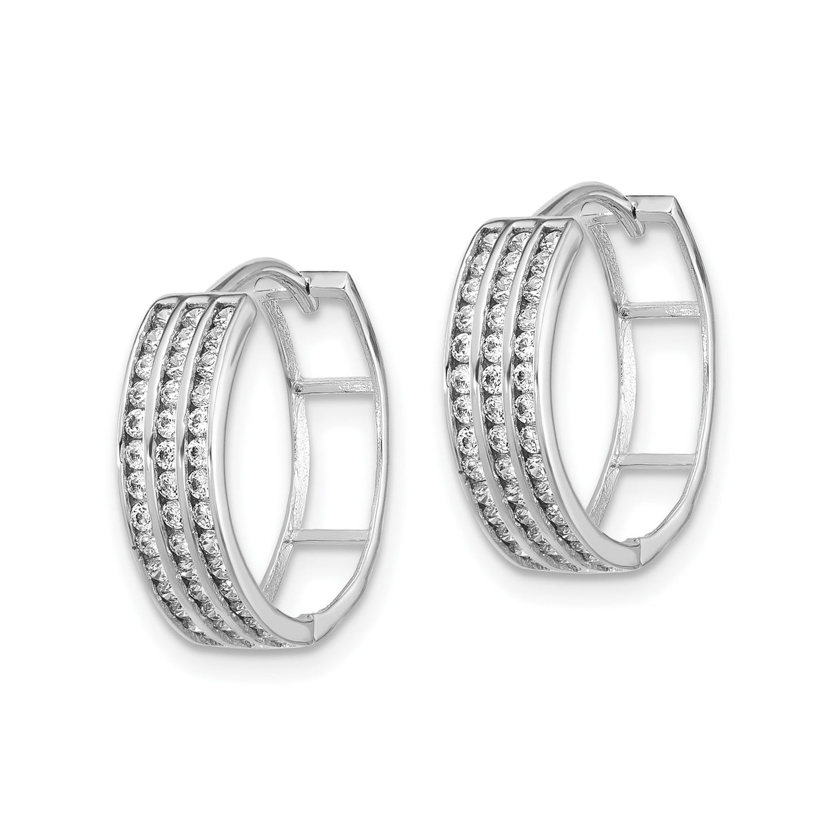 Sterling Silver Hoop Earrings with Three Row Round Cut Cubic Zirconia, Hinged Closure