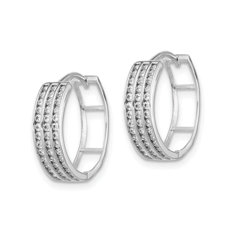 Sterling Silver Hoop Earrings with Three Row Round Cut Cubic Zirconia, Hinged Closure