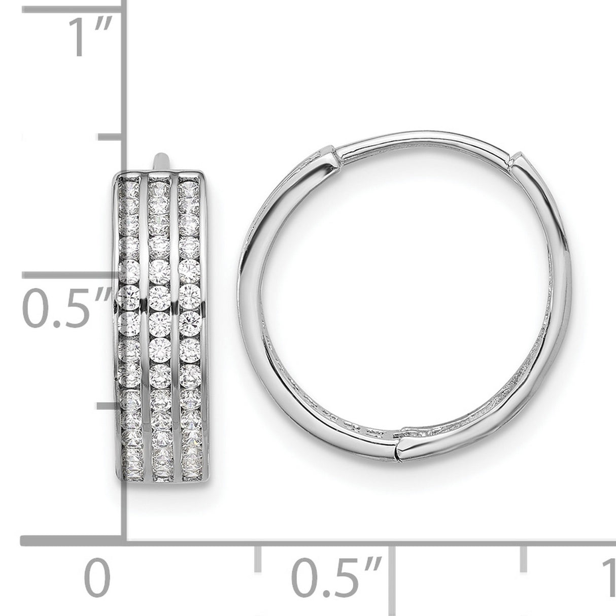 Sterling Silver Hoop Earrings with Three Row Round Cut Cubic Zirconia, Hinged Closure