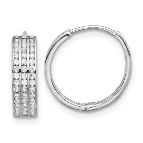 Sterling Silver Hoop Earrings with Three Row Round Cut Cubic Zirconia, Hinged Closure