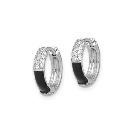 Sterling Silver Hoop Earrings with Black Enamel and Pavé Cubic Zirconia, Modern Huggie Style