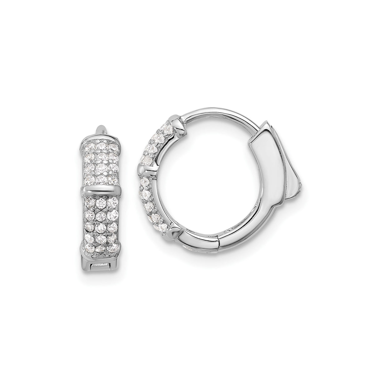 Sterling Silver Hoop Earrings with Cubic Zirconia, Bamboo Style, Lightweight and Modern Design