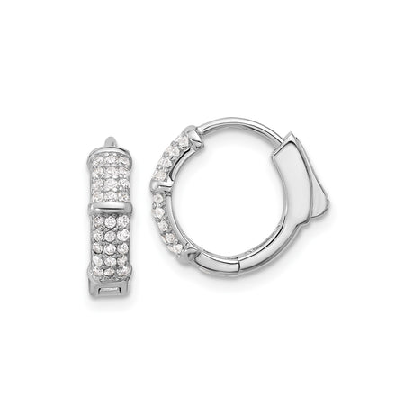 Sterling Silver Hoop Earrings with Cubic Zirconia, Bamboo Style, Lightweight and Modern Design