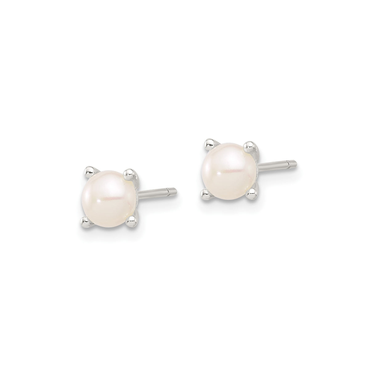 Sterling Silver Stud Earrings with White Round Cultured Pearl in Classic 4-Prong Setting