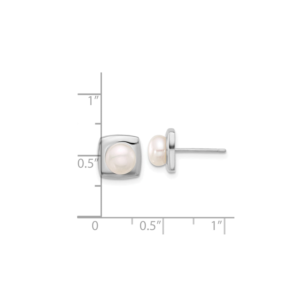 Sterling Silver Pearl Stud Earrings with White Freshwater Pearls, Square Bezel Setting