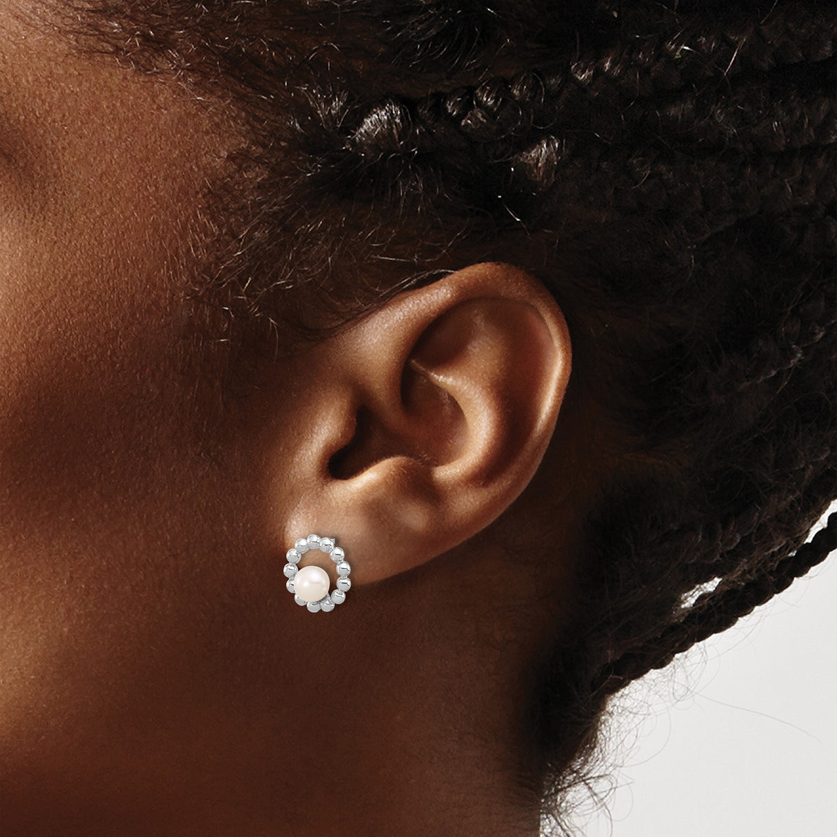 Sterling Silver Stud Earrings with White Pearl in Beaded Open Circle Design