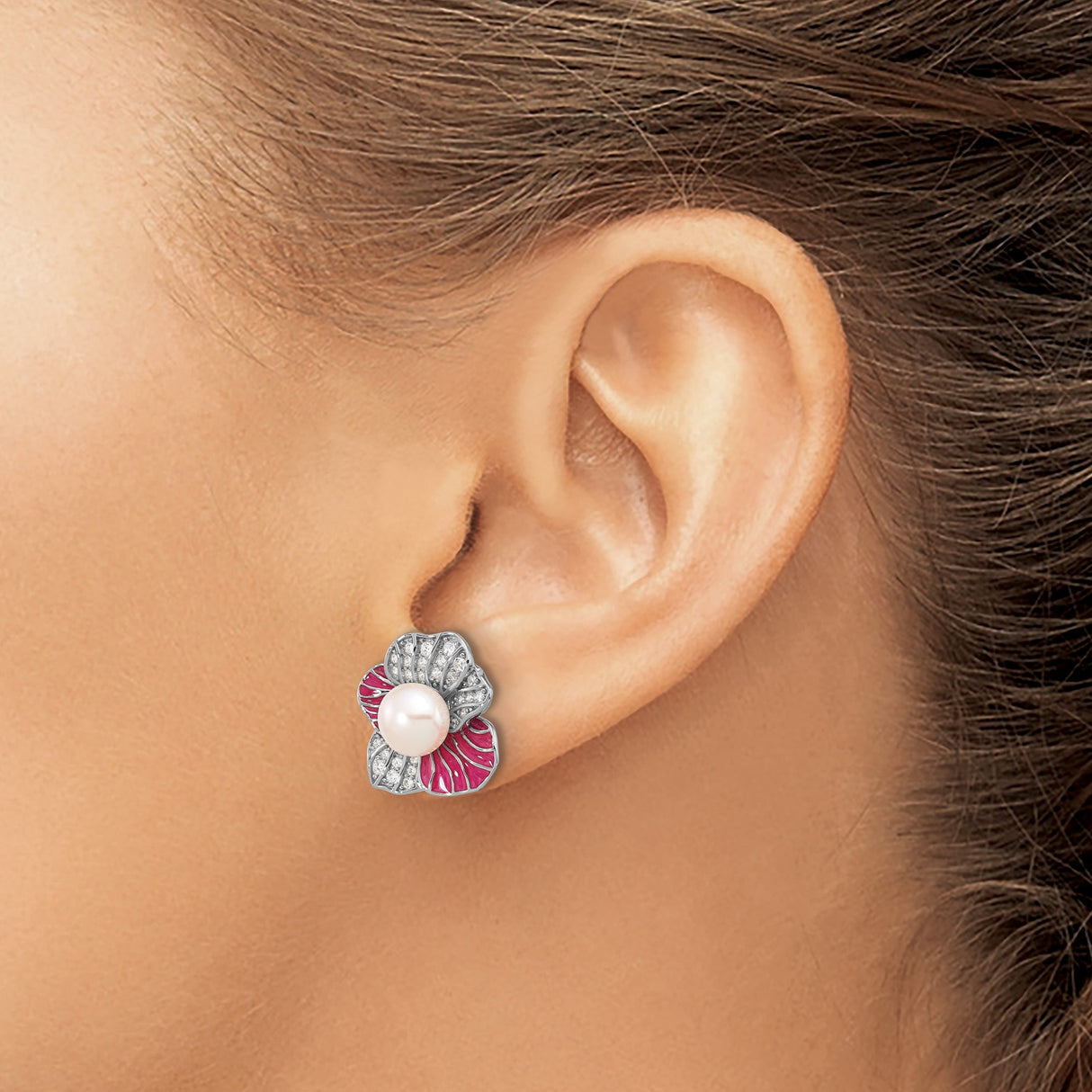 Sterling Silver Flower Stud Earrings with Freshwater Pearl and Cubic Zirconia Accents