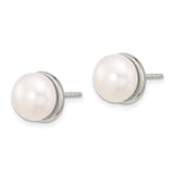 Sterling Silver Pearl Stud Earrings with Round Cultured White Pearls in Bezel Setting