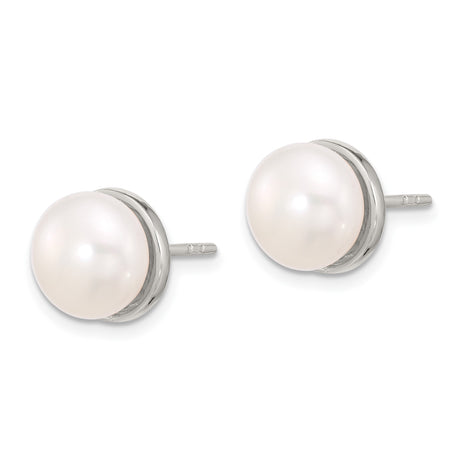 Sterling Silver Pearl Stud Earrings with Round Cultured White Pearls in Bezel Setting
